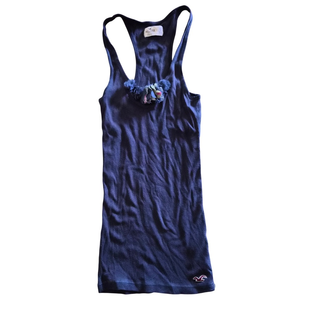 Vtg Hollister SoCal Stretch Navy Ribbed Racerback Tank Top Floral Womens Small